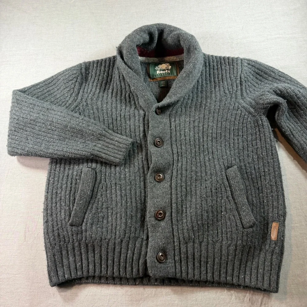 Roots Cardigan Sweater Mens Medium Grey Excellent Lambswool Ribbed Shawl Collar